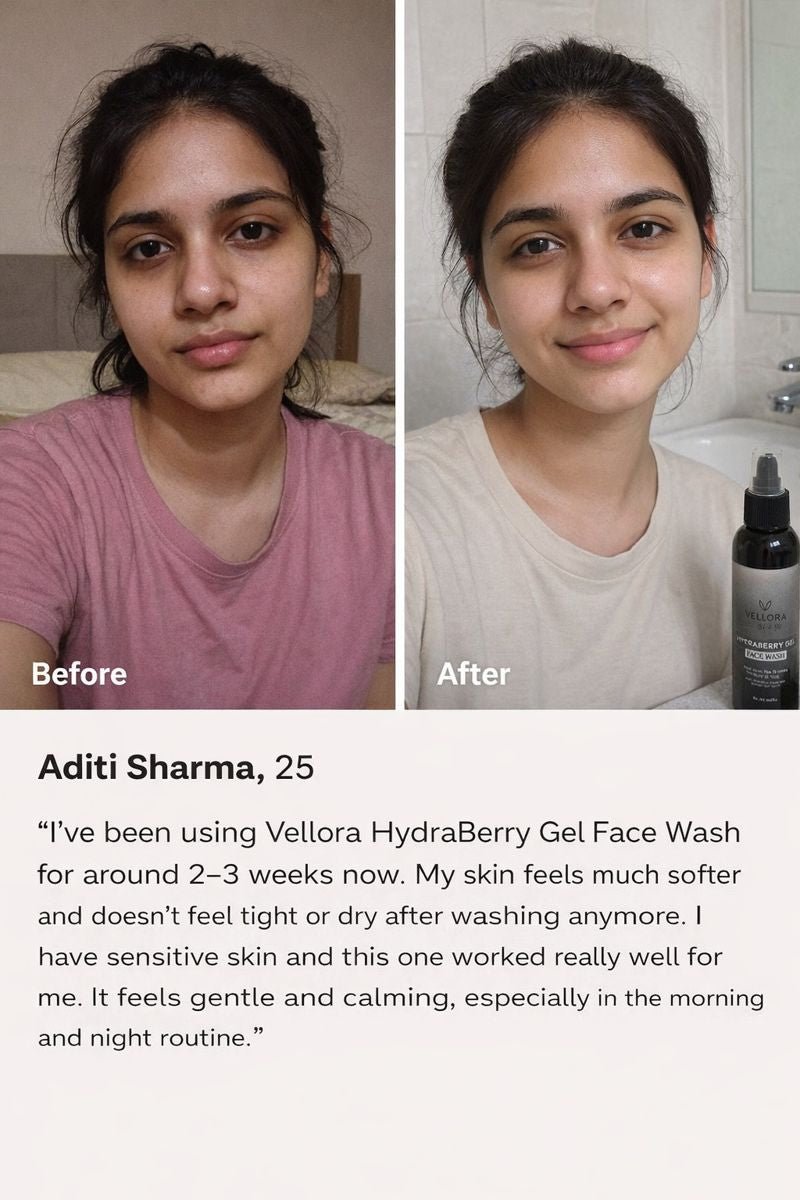 Before and after results of using Vellora HydraBerry Gel Face Wash showing improved hydration, softer skin texture, and reduced dryness on sensitive skin.