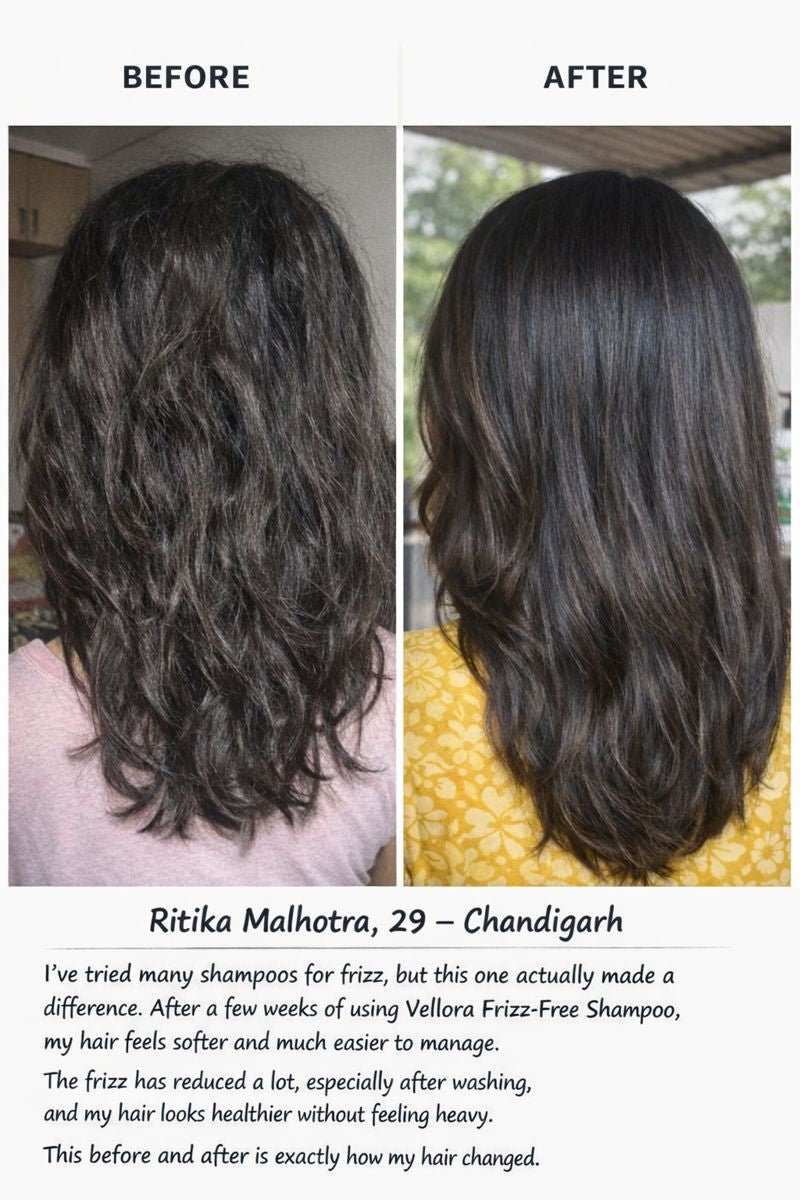Before and after hair comparison showing reduced frizz and smoother hair after using Vellora FrizzFree Shampoo