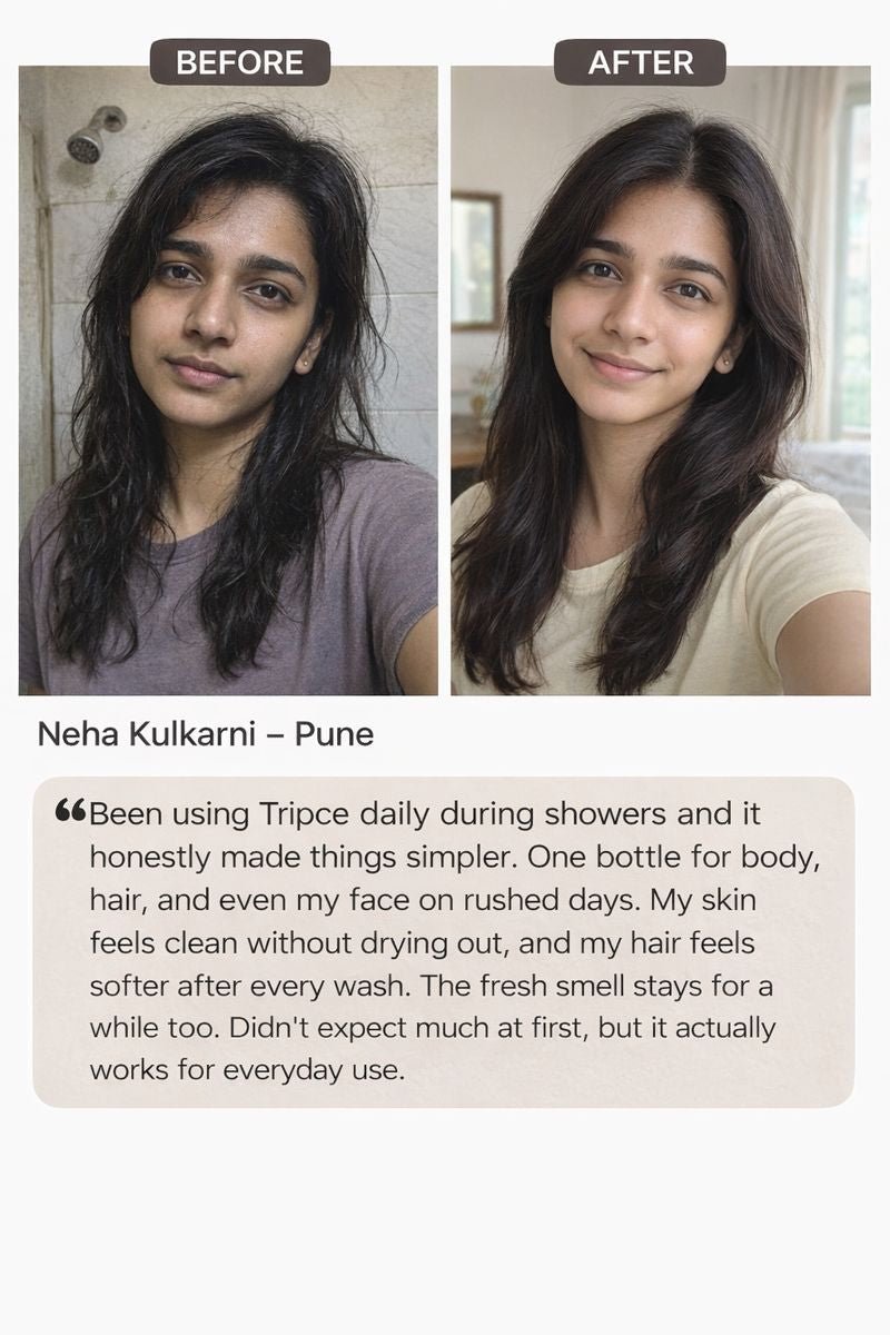 Before and after comparison showing fresher skin and smoother hair after using Vellora Tripce 3-in-1 body wash