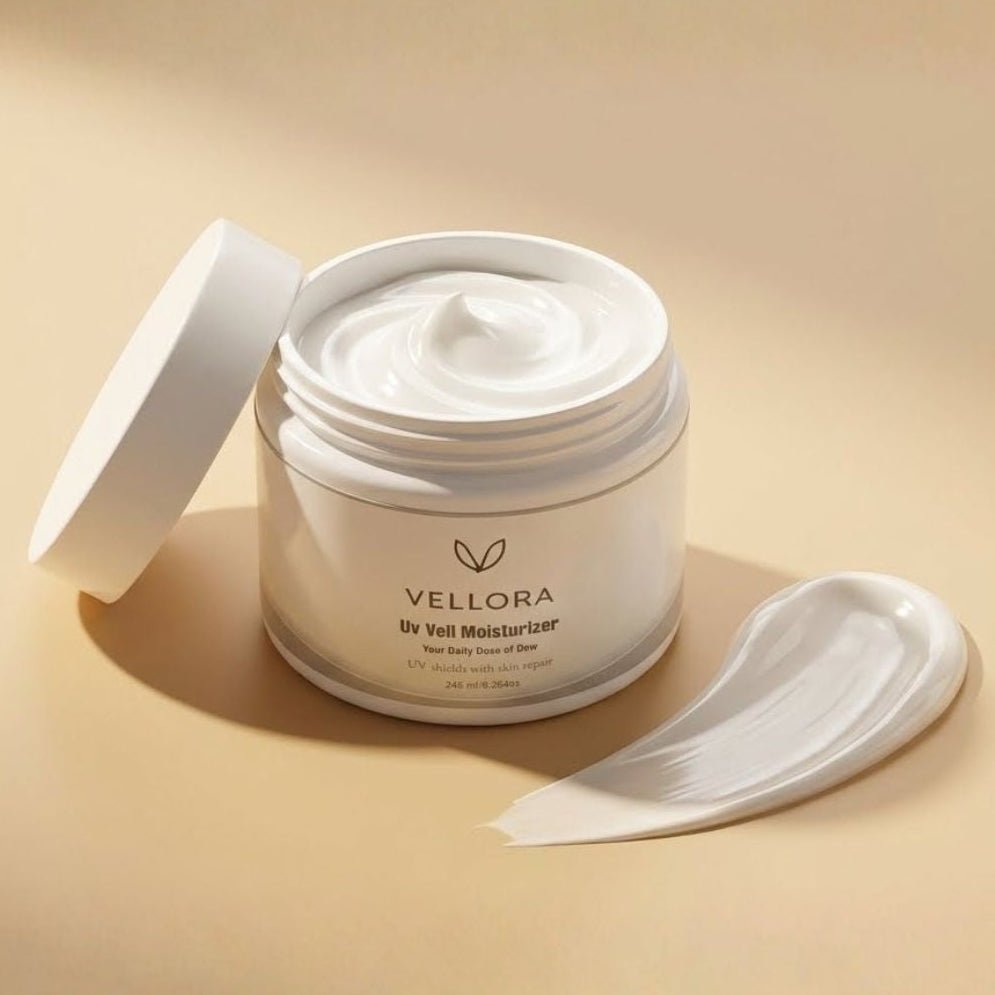 Vellora UV Veil Moisturizer cream jar with smooth texture, daily face moisturizer with UV protection, hydrating and skin-repair formula for soft, glowing skin.