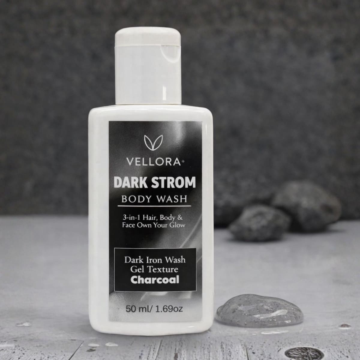 Vellora Dark Strom charcoal body wash travel size 50 ml, 3-in-1 hair face and body wash with charcoal for deep cleansing, sweat control and refreshed skin