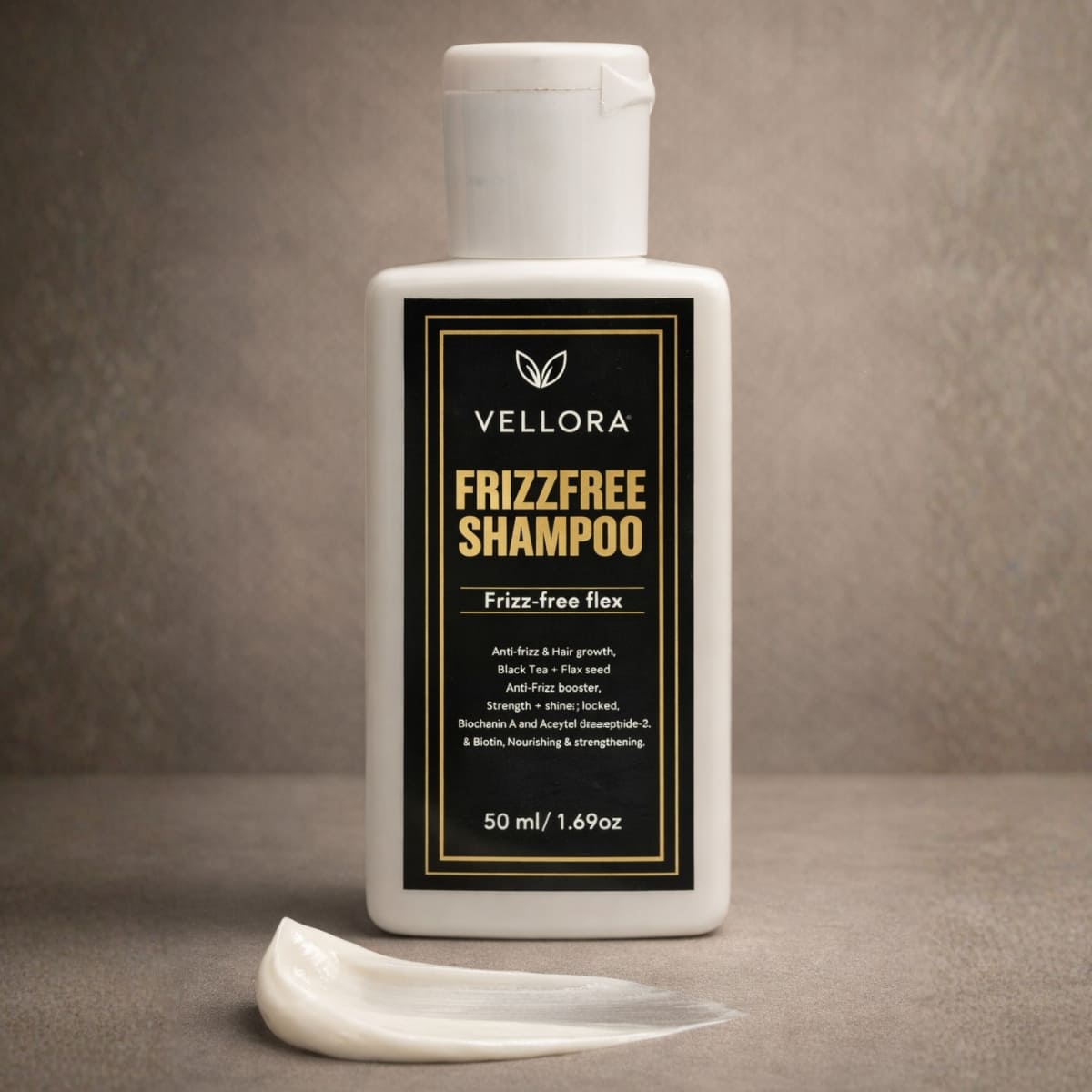 Vellora FrizzFree shampoo 50 ml anti-frizz hair cleanser with black tea and flaxseed, smoothening shampoo for dry and frizzy hair, travel size