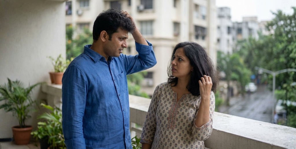 Man and woman on a balcony discussing hair concerns, representing frizz and hair breakage problems, featuring Vellora FrizzFree Breakage & Frizz Control Shampoo for smoother, stronger hair.