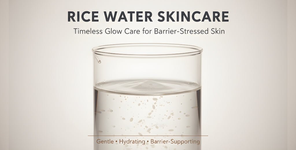 Blog banner featuring rice water in a glass, representing gentle, hydrating rice water skincare benefits for barrier-stressed skin, highlighted in GreLemo Gel Face Wash.