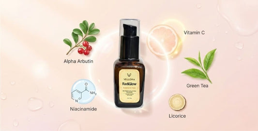 Vellora RadiGlow face serum bottle centered, surrounded by illustrated ingredients—Alpha Arbutin, Niacinamide, Vitamin C, Green Tea, and Licorice—on a soft peach background with glowing skincare effects.