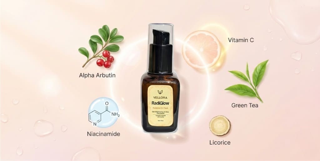 Vellora RadiGlow face serum bottle centered, surrounded by illustrated ingredients—Alpha Arbutin, Niacinamide, Vitamin C, Green Tea, and Licorice—on a soft peach background with glowing skincare effects.