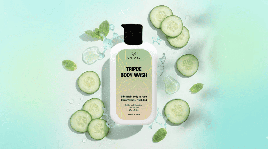 Vellora Tripce Cucumint 3X Fresh body wash with cucumber and mint extracts for hydration, freshness and gentle cleansing.