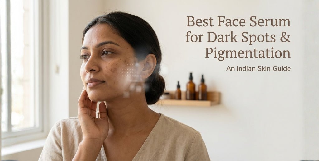 Indian woman with visible dark spots on her face looking toward a window, alongside the headline “Best Face Serum for Dark Spots & Pigmentation – An Indian Skin Guide,” representing real pigmentation concerns and targeted skincare solutions.