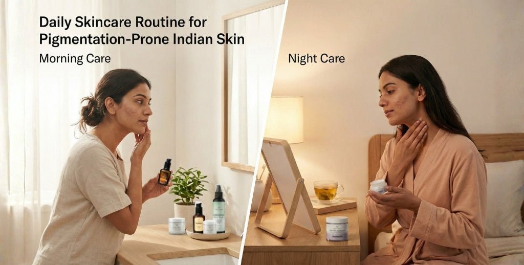 Split image showing a daily skincare routine for pigmentation-prone Indian skin, featuring Vellora products used in the morning and night, with an Indian woman applying serum and moisturizer in a calm home setting.