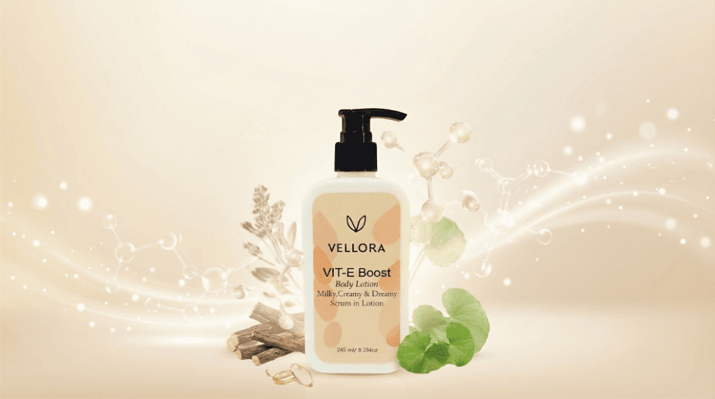 Vellora Vit-E Boost Body Lotion pump bottle displayed with botanical elements and glowing molecular graphics, a vitamin E enriched body lotion for deep nourishment, hydration, and radiant skin.
