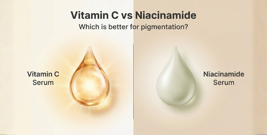 Comparison graphic showing Vitamin C serum versus Niacinamide serum for pigmentation concerns, illustrating which ingredient works better for dark spots and uneven skin tone in Indian skin.