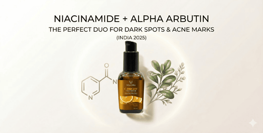 Vellora C-Bright face serum bottle featuring Niacinamide and Alpha Arbutin, displayed with botanical leaves and a chemical structure graphic, highlighting dark spot and acne mark care (India 2025).