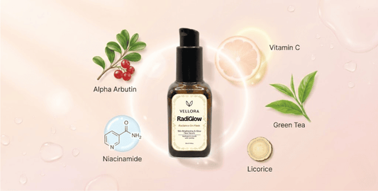 Vellora RadiGlow face serum bottle centered, surrounded by illustrated ingredients—Alpha Arbutin, Niacinamide, Vitamin C, Green Tea, and Licorice—on a soft peach background with glowing skincare effects.