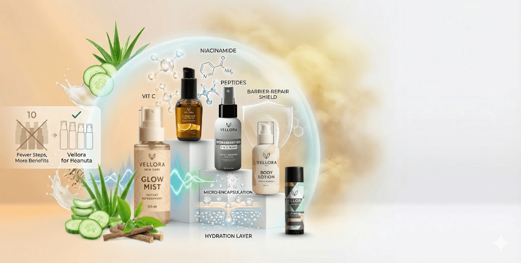 Vellora H-Beauty hybrid skincare products with niacinamide, vitamin C, and peptides.