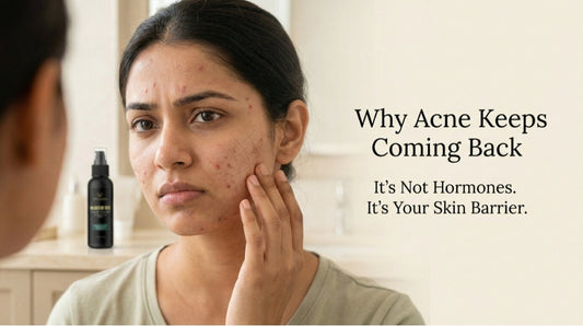 Woman examining acne-prone skin in a mirror with text about recurring acne and skin barrier health, reflecting Vellora’s barrier-focused skincare philosophy.