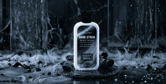 Vellora Dark Strom charcoal 3-in-1 body wash for hair, body and face displayed on a smoky black charcoal background.