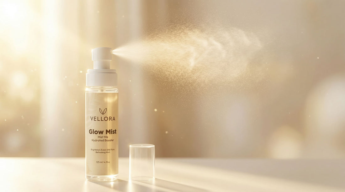 Vellora Glow Mist hydrating face mist spray with fine golden mist, lightweight glow booster for instant hydration, radiant skin, and pollution protection