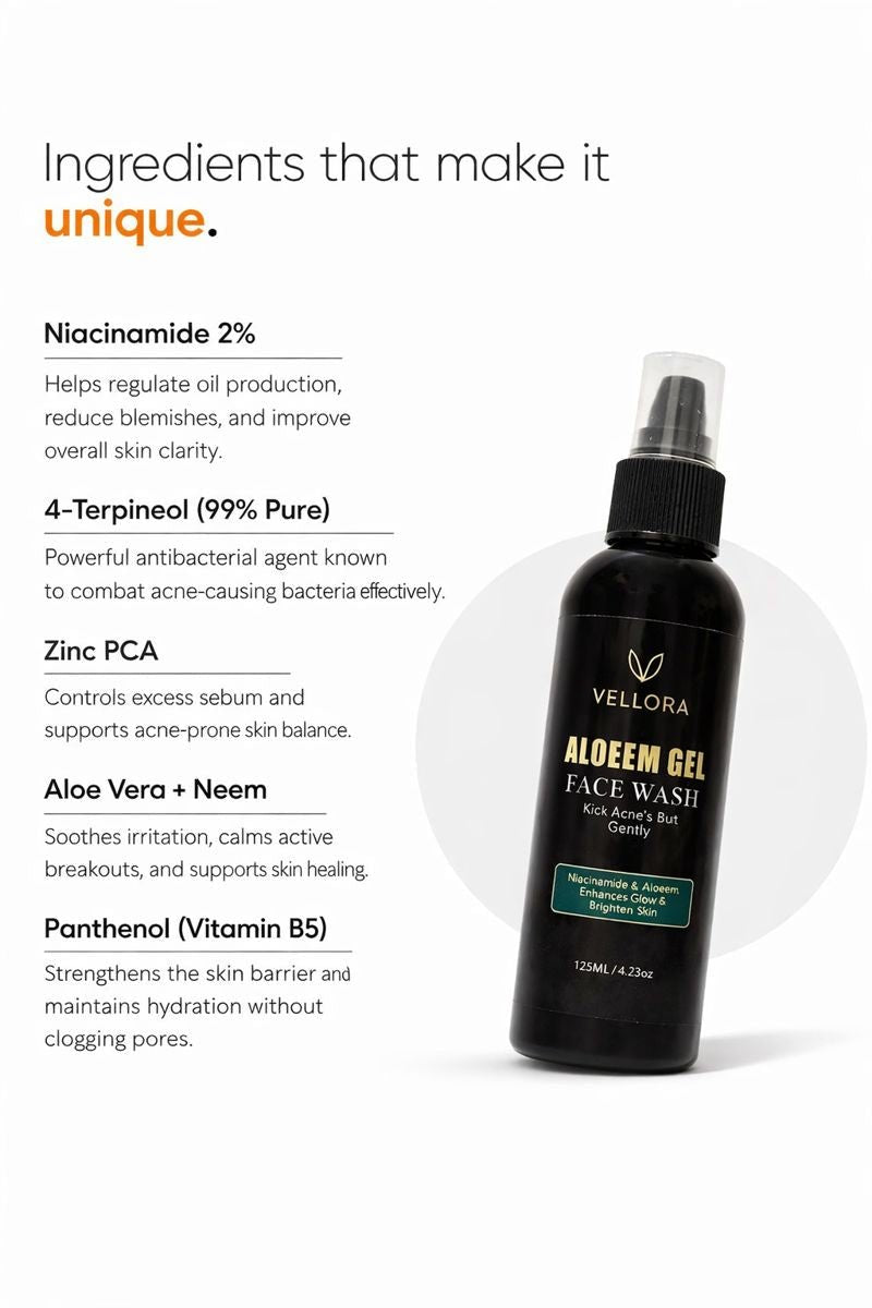 Key ingredients of Vellora Aloeem Gel Face Wash including niacinamide, aloe vera, neem, zinc PCA, and panthenol