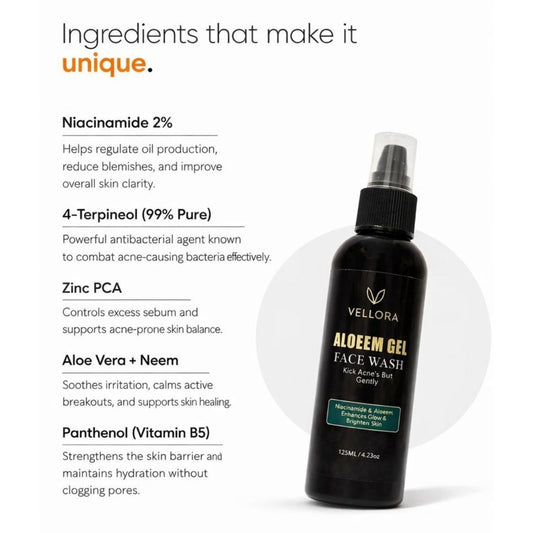 Key ingredients of Vellora Aloeem Gel Face Wash including niacinamide, aloe vera, neem, zinc PCA, and panthenol