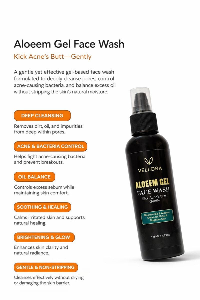 Vellora Aloeem Gel Face Wash bottle highlighting deep cleansing, acne control, oil balance, soothing care, and brightening benefits