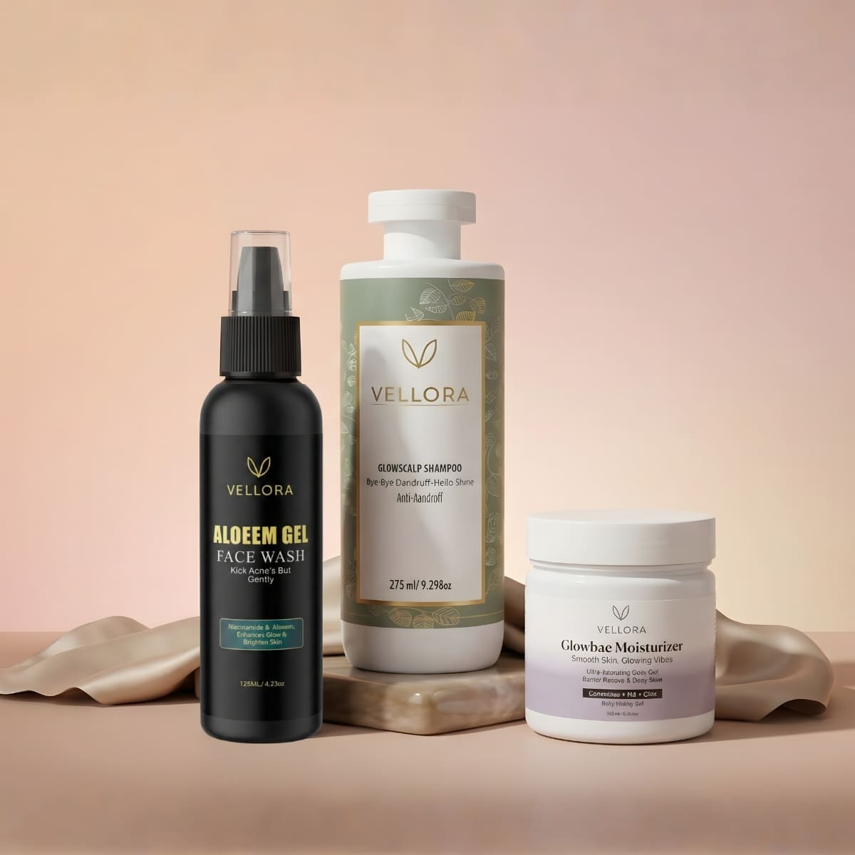 Vellora Comfort Care Pack featuring Aloeem Gel Face Wash, Glowscalp Anti-Dandruff Shampoo, and Glowbae Moisturizer for gentle cleansing and everyday hydration