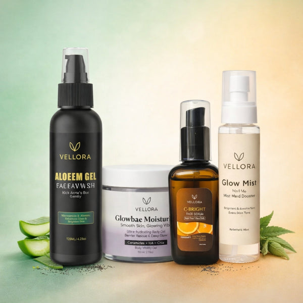 Vellora Complete Glow Routine for acne-prone skin featuring C-Bright Face Serum, Glow Mist, Glowbae Moisturizer, and Aloeem Gel Face Wash displayed on minimal studio blocks