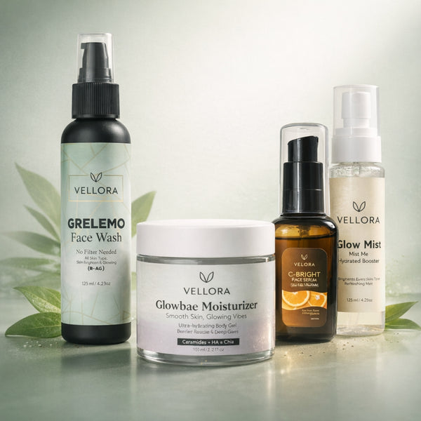 Vellora Complete Glow Routine for all skin types featuring Grelemo Face Wash, Glow Mist, Glowbae Moisturizer, and C-Bright Face Serum arranged in a minimal studio setup
