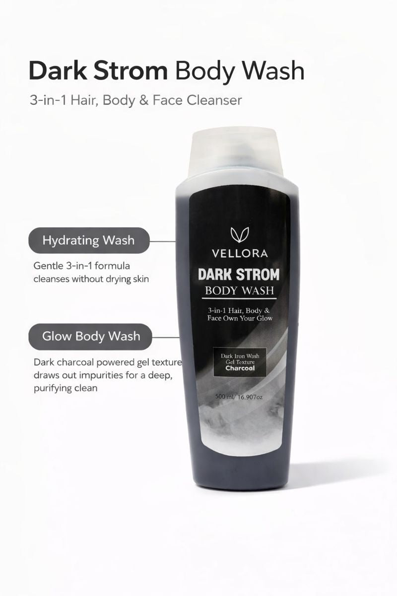 Vellora Dark Strom Body Wash 3-in-1 hair, body and face cleanser with charcoal gel texture for deep cleansing and hydration