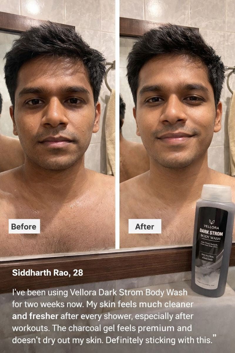 Before and after results of Vellora Dark Strom Body Wash showing cleaner, fresher skin after regular use