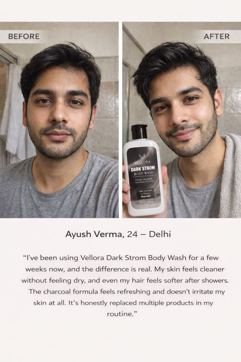 Before and after results of Vellora Dark Strom Body Wash showing cleaner, fresher skin on male user after regular use