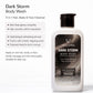 Vellora Dark Strom Body Wash 3-in-1 cleanser shown with key benefits for skin glow, soft hair and all-over hydration