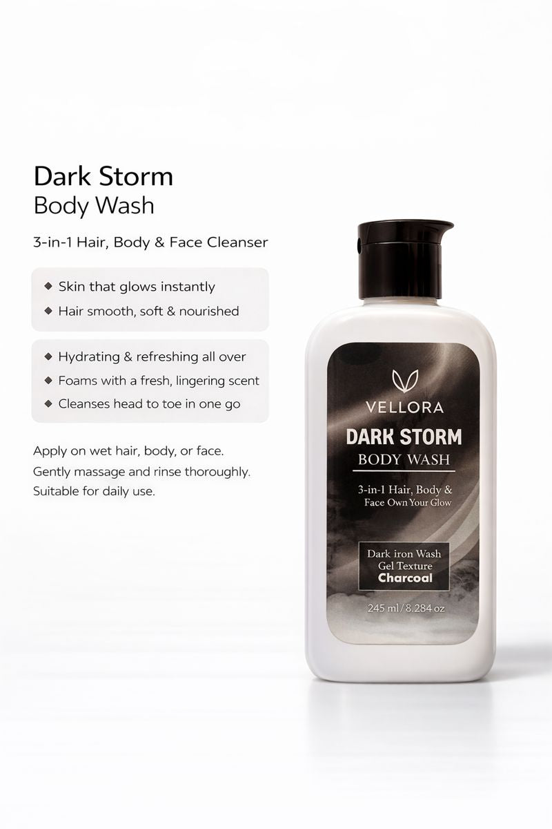 Vellora Dark Strom Body Wash 3-in-1 cleanser shown with key benefits for skin glow, soft hair and all-over hydration