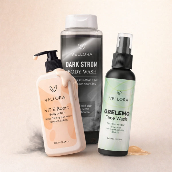 Vellora Everyday Family Care combo featuring Vit-E Boost Body Lotion, Grelemo Face Wash, and Dark Strom Charcoal Body Wash for daily cleansing and moisturising