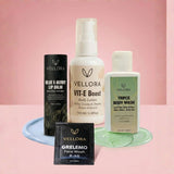 Vellora Fresh Start Travel Kit with mini body wash, Vit-E Boost body lotion, Blue E-Berry lip balm, and Grelemo face wash for daily travel skincare