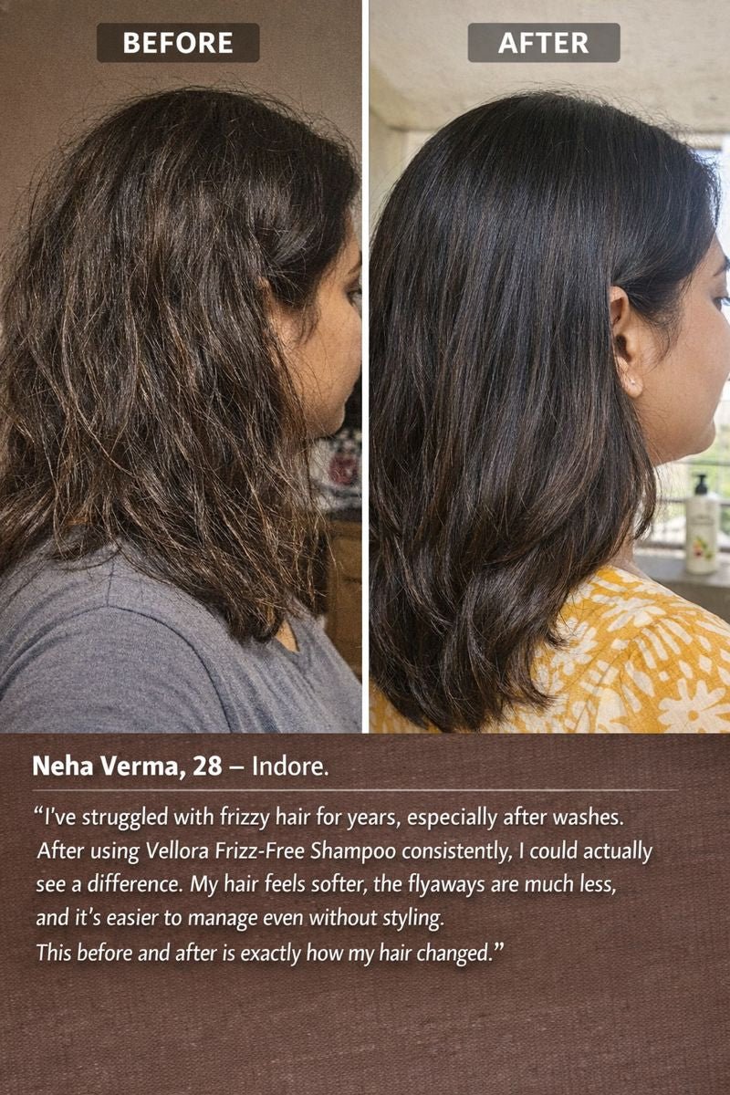 Before and after hair results showing reduced frizz, smoother texture, and improved manageability after using Vellora Frizz-Free Shampoo consistently
