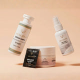 Vellora Glow-On-the-Go Essentials combo featuring mini anti-dandruff shampoo, Grelemo face wash, Glowbae moisturizer, and travel-size face mist for daily glow and hydration
