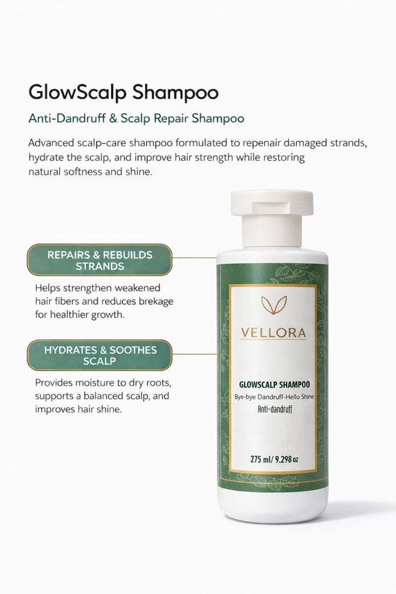 Vellora GlowScalp Anti-Dandruff Shampoo bottle highlighting scalp repair, dandruff control, hydration, and hair strength benefits