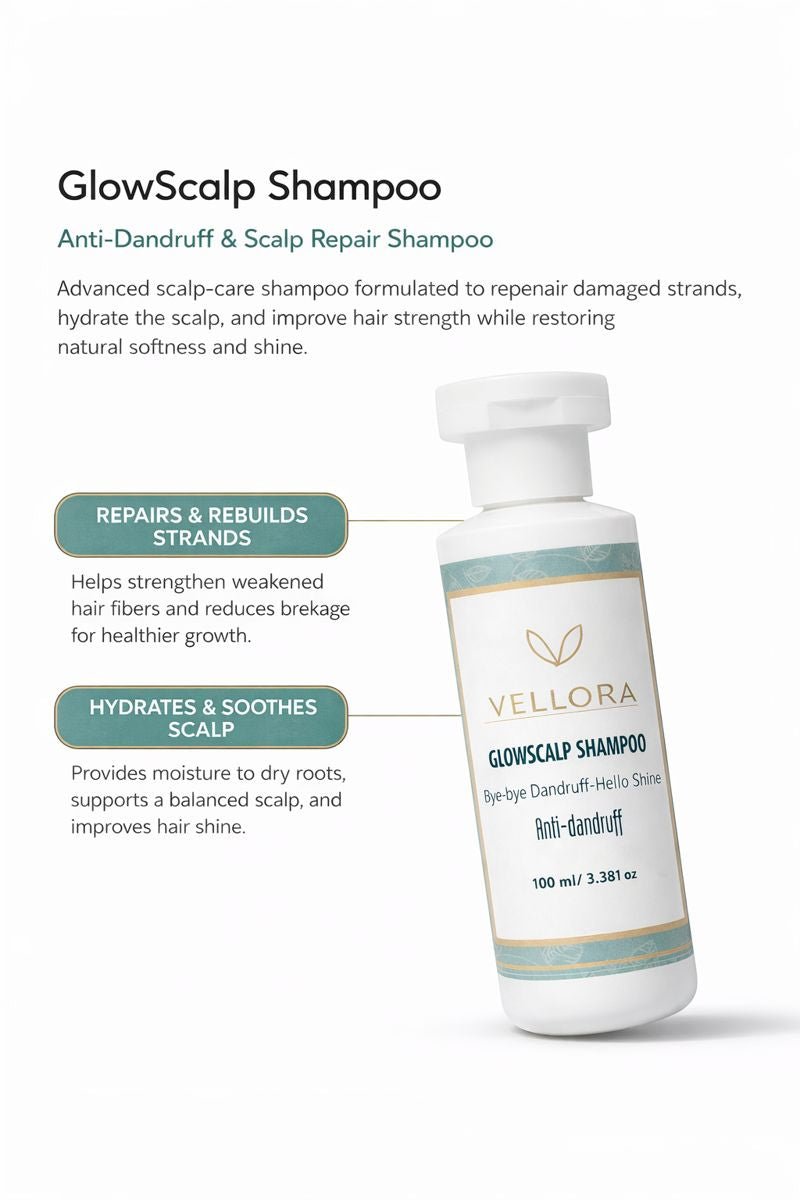 Vellora GlowScalp anti-dandruff shampoo bottle highlighting scalp repair, hydration, and reduced hair breakage benefits
