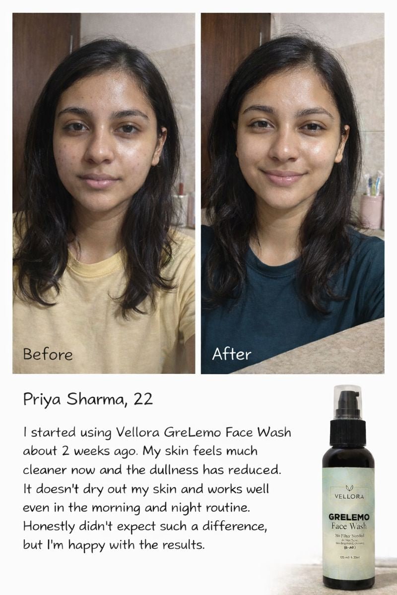 Before and after results of GreLemo Face Wash showing clearer, brighter skin after two weeks of regular use.