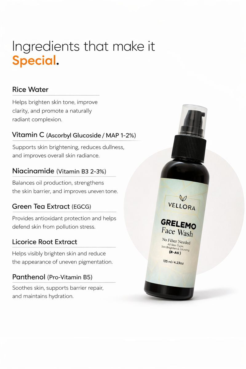 Ingredient highlight of Vellora GreLemo Face Wash featuring rice water, vitamin C, niacinamide, green tea, licorice, and panthenol.