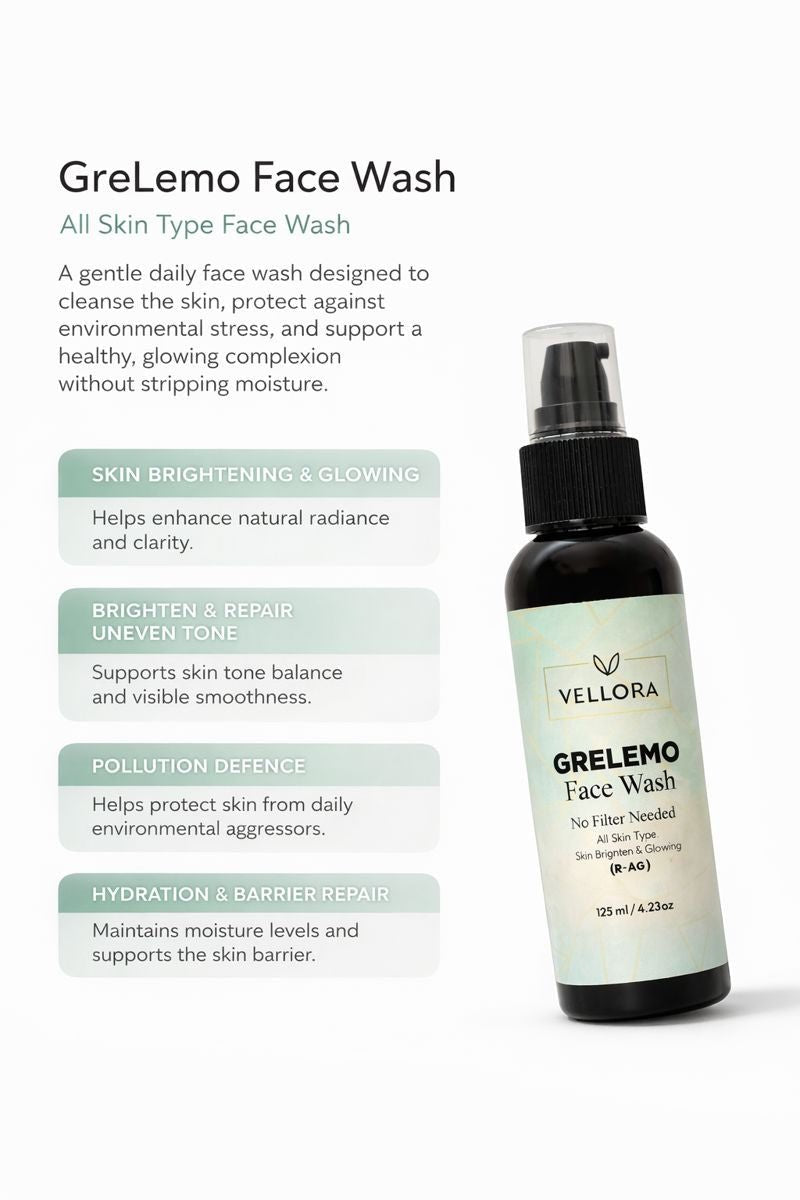 Vellora GreLemo Face Wash bottle showing skin brightening, uneven tone repair, pollution defence, and hydration benefits for all skin types.