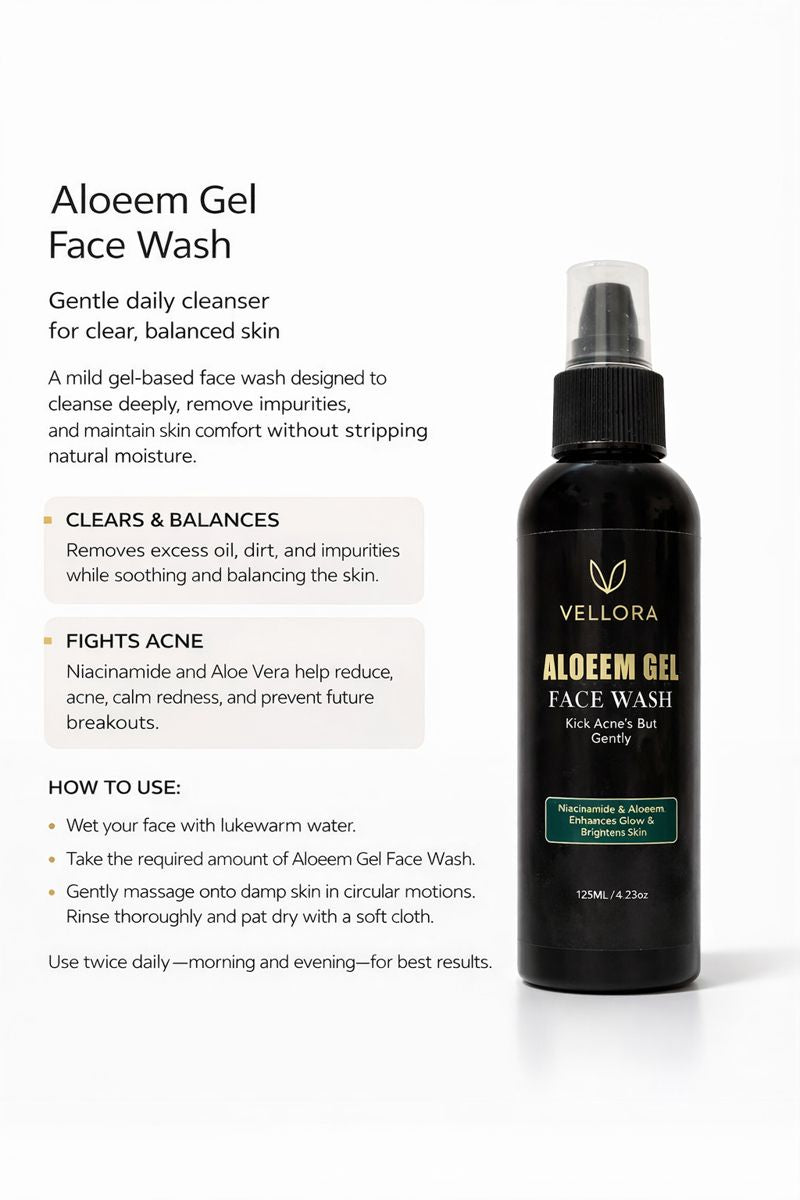 Vellora Aloeem Gel Face Wash with usage instructions for gentle daily cleansing and acne care