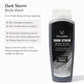 Vellora Dark Strom Body Wash shown with usage instructions for washing hair, body and face in one step
