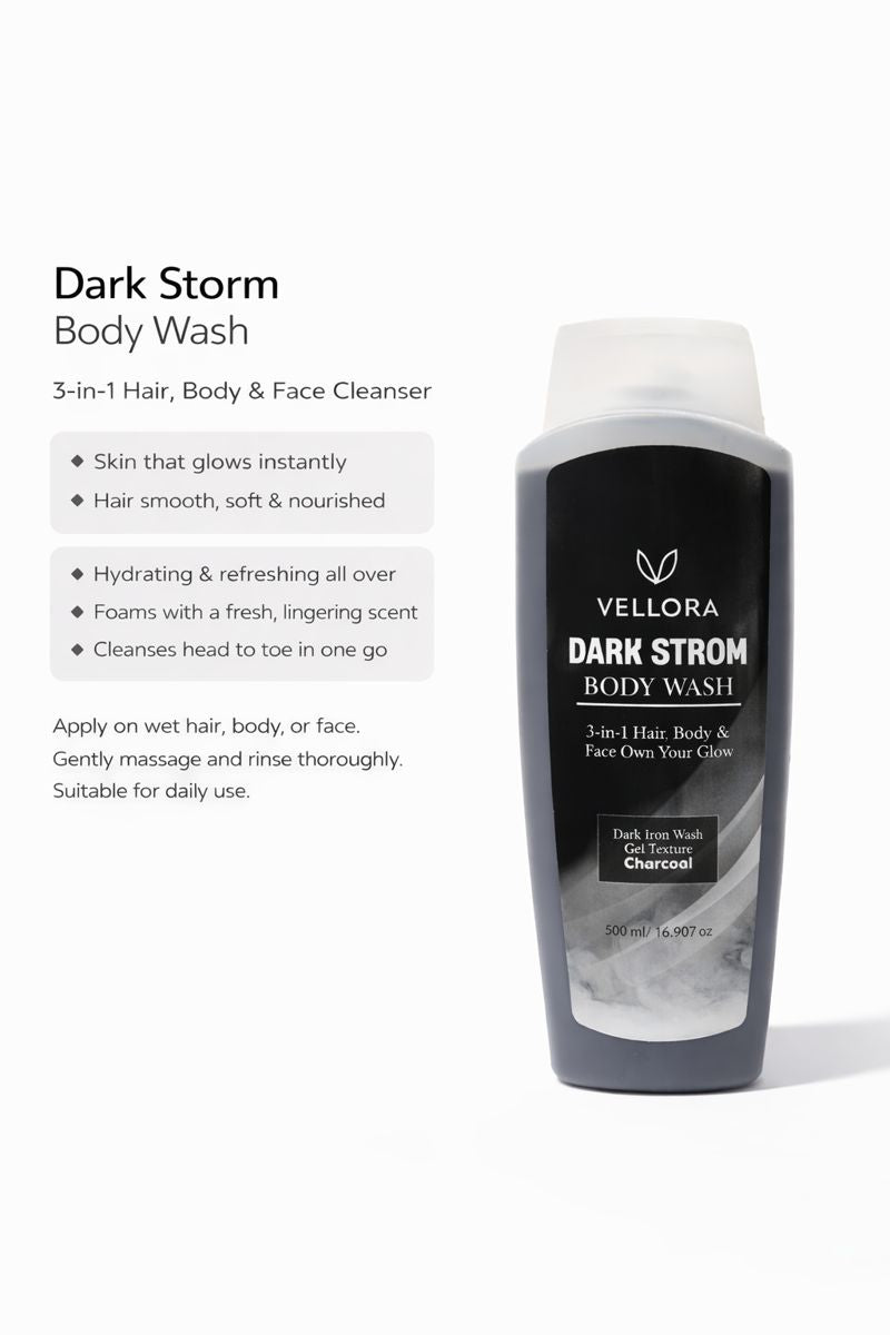 Vellora Dark Strom Body Wash shown with usage instructions for washing hair, body and face in one step