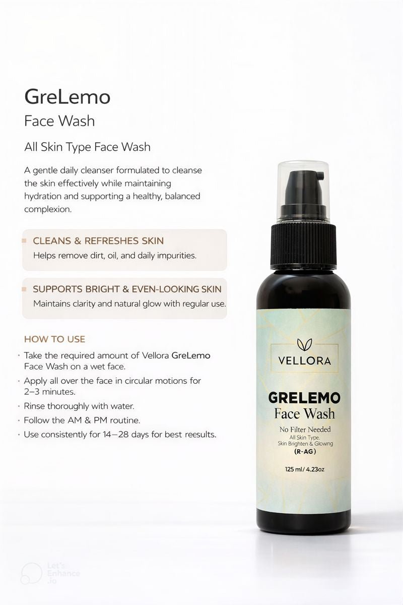 Vellora GreLemo Face Wash displayed with usage instructions for gentle daily cleansing and maintaining hydrated, glowing skin.