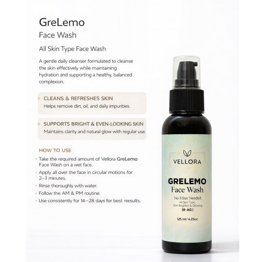 Vellora GreLemo Face Wash displayed with usage instructions for gentle daily cleansing and maintaining hydrated, glowing skin.