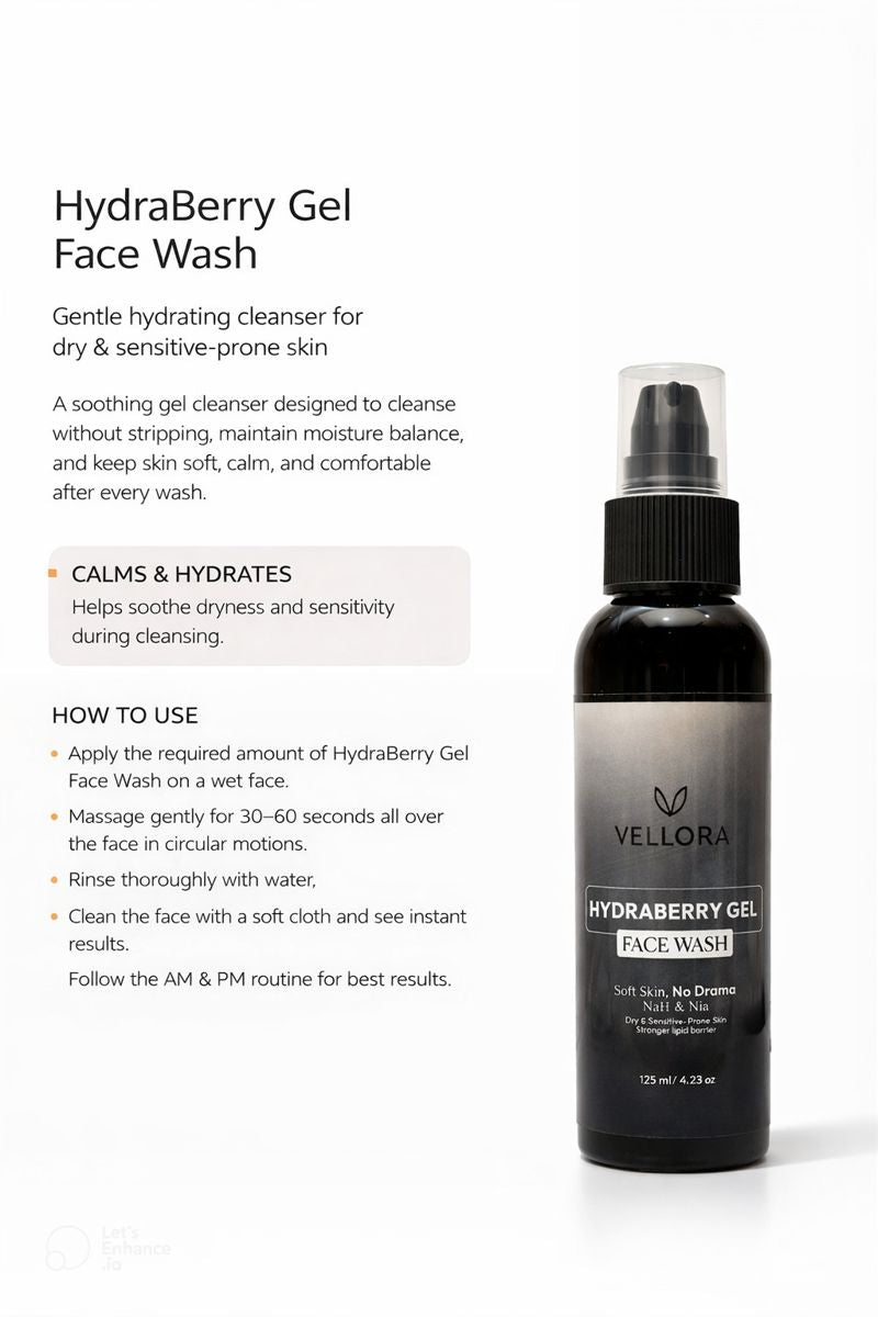 Step-by-step guide showing how to use Vellora HydraBerry Gel Face Wash for gentle cleansing, hydration, and barrier protection.
