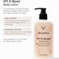 Vellora VIT-E Boost Body Lotion with application instructions for daily use to hydrate, smooth, and improve skin glow