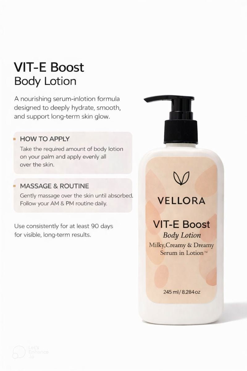 Vellora VIT-E Boost Body Lotion with application instructions for daily use to hydrate, smooth, and improve skin glow