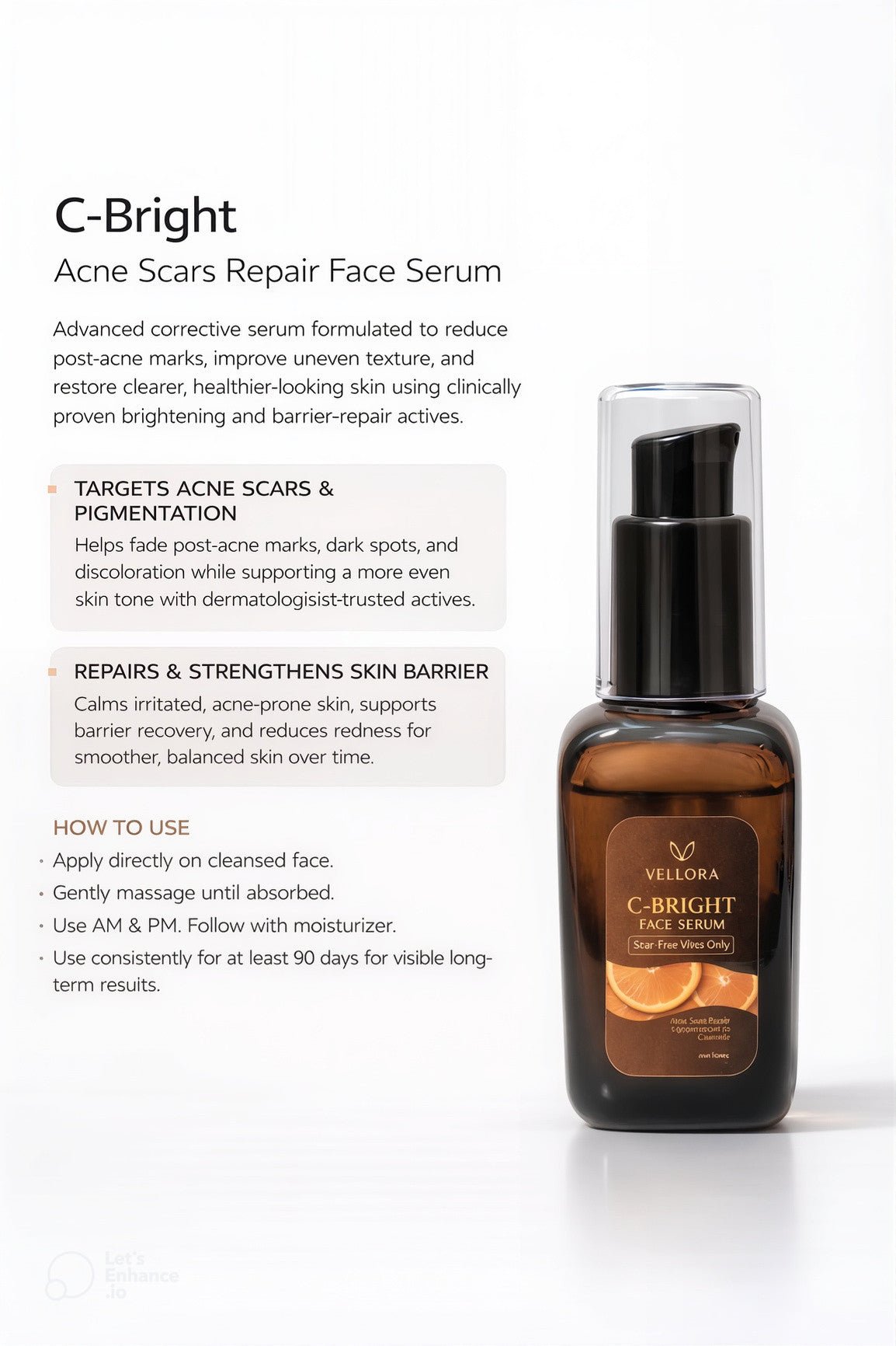 Vellora C-Bright acne scars repair face serum bottle with usage instructions for daily AM and PM skincare routine